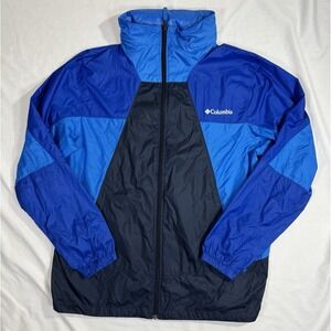 COLUMBIA Point Park Windbreaker Jacket Men L Blue Full Zip Hooded Hiking Outdoor